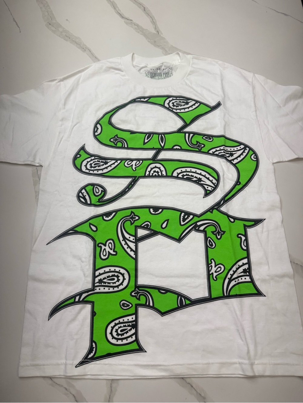 White Tee with Large Green Paisley Graphic